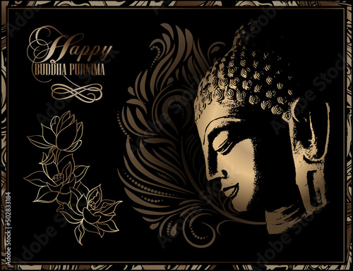 Vector image of the head of Gautam Buddha in profile. Postcard, poster, banner - Buddha Purnima or Vesak card