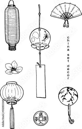 vector graphics set of chinese lanterns and fans, hand drawn graphics in doodle style, set for cards, invitations, congratulations