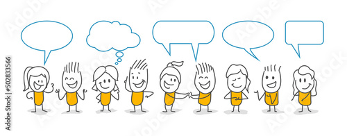 Stick figures with dialogue speech bubbles. Signs, Business, Success. Team metaphor. Business concept.