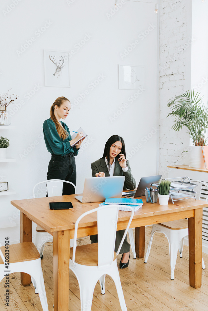 two young business women professionals in formal wear clothes work in modern office using laptop, tablet, brainstorm and search for solutions together, confident independent Asian girl solves problems two young business women professionals in formal wear clothes work in modern office using laptop, tablet, brainstorm and search for solutions together, confident independent Asian girl solves problems