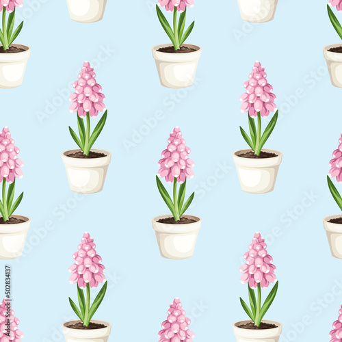 Seamless pattern with pink hyacinth flowers in white flowerpots on a blue background. Vector illustration