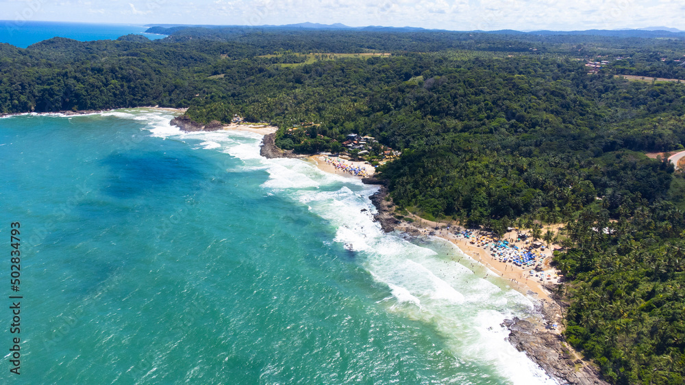 Obraz premium Praia Litoral Itacaré Bahia Nordeste Tropical Brazil Mar Oceano Azul Verde Natureza Mata Atlântica Coqueiros Banhistas Férias Viagem 