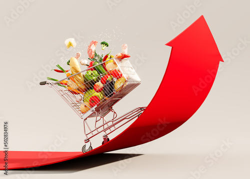 Food cost rising concept. Shopping cart full of groceries and red arrow pointing up 3D Rendering, 3D Illustration photo