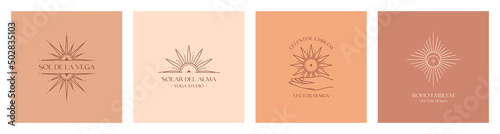 Set of vector bohemian logo design templates with star,sun and sunburst.Modern celestial emblems.Branding boho design.Sol de la Vega means Sun of the Valley,Solar del Alma means Sun of the Soul.