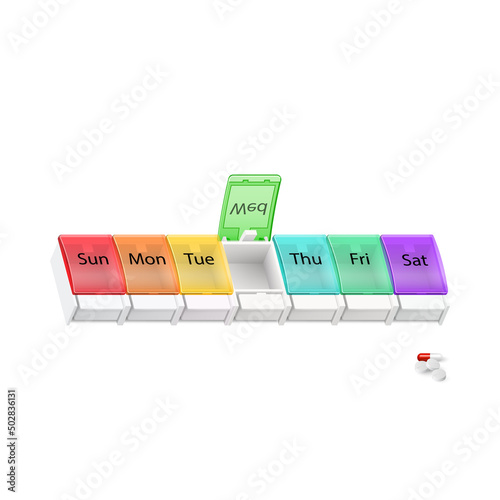 Illustration of Plastic Pharmacy Organizer for Pills for Each Day of the Week on White. A Weekly Medicine Dispenser Opened for Wednesday