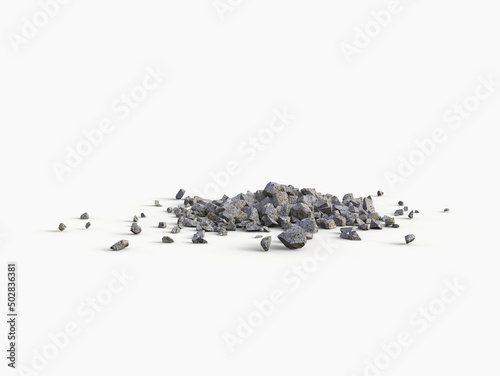 Small pile of rubble and rocks - side view - isolated on white background - 3D Illustration
