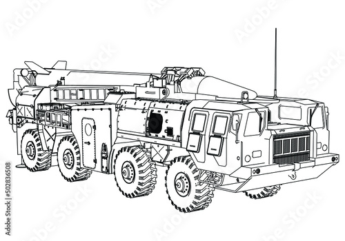 Scud missile launcher vehicle isolated on white background. Vector Military machine. Military vehicle logotype.