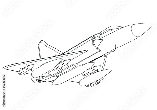 Military fighter jet icon in outline style isolated on white background vector illustration. Military vehicle logotype. 