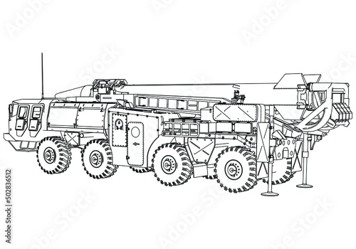 Scud missile launcher vehicle isolated on white background. Vector Military machine. Military vehicle logotype.