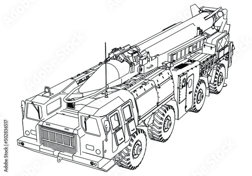 Scud missile launcher vehicle isolated on white background. Vector Military machine. Military vehicle logotype.