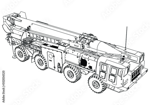 Scud missile launcher vehicle isolated on white background. Vector Military machine. Military vehicle logotype. photo