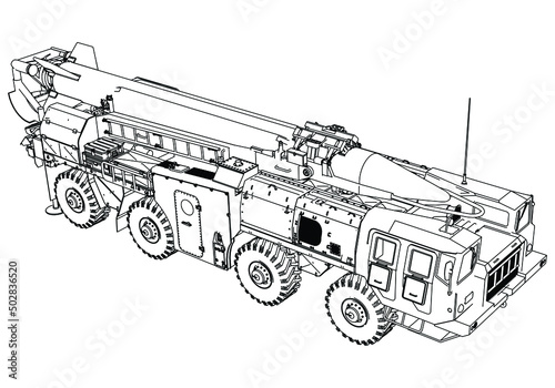 Scud missile launcher vehicle isolated on white background. Vector Military machine. Military vehicle logotype.