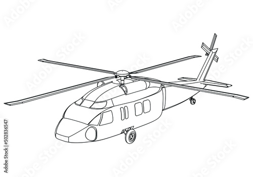 Military helicopter drawing line art vector illustration. Cartoon helicopter drawing for coloring book for kids and children.