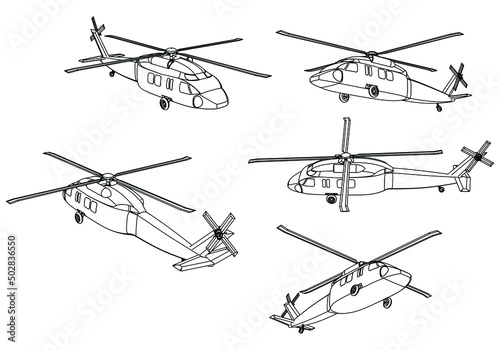 Military helicopter drawing line art vector illustration. Cartoon helicopter drawing for coloring book for kids and children.