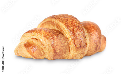 French pastry, one croissant isolated on white background.