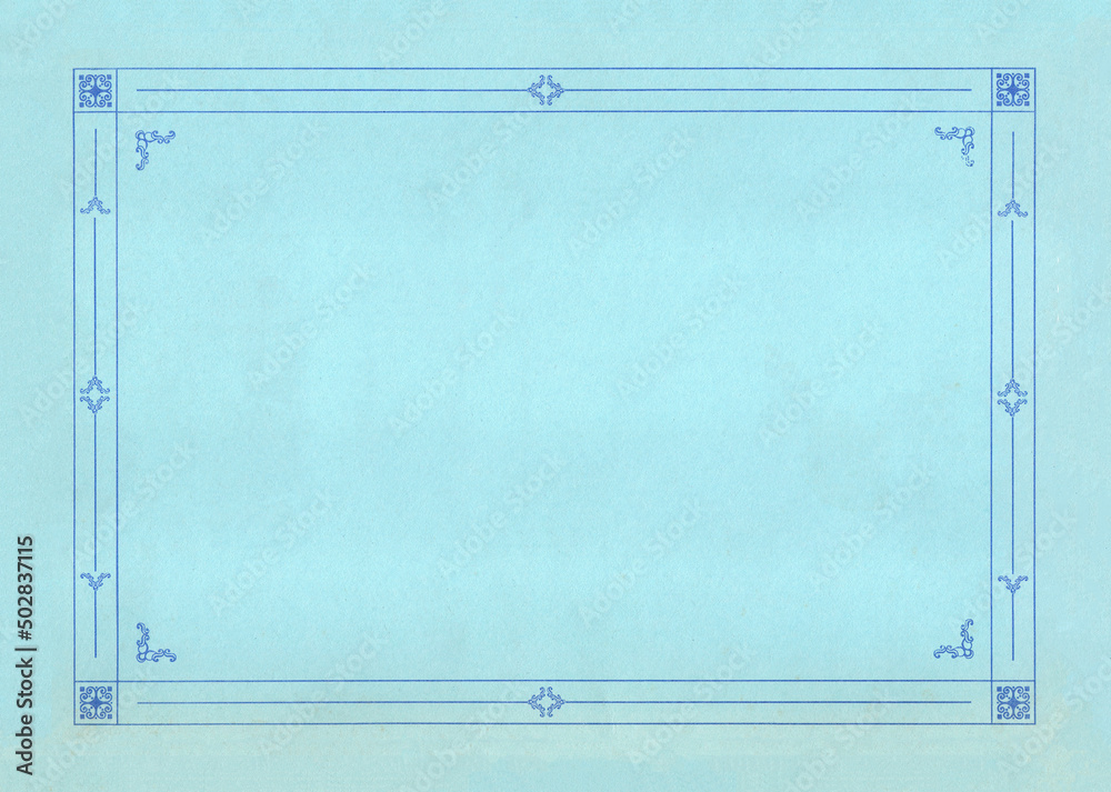 An aged paper sheet from an old book, cyan color, with a frame made by lines and ornaments, clean style. Retro vintage textured item.
An aged paper sheet from an old book, cyan color, with a frame made by lines and ornaments, clean style. Retro vintage textured item.