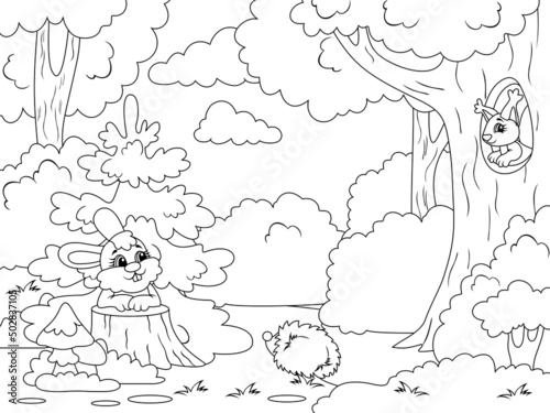 Forest glade with animals. Raster illustration  children coloring book.