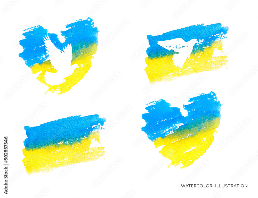 Obraz premium Ukrainian flag shape of dove peace set watercolor isolated on white background. Watercolor abstract painting Ukrainian flag in heart.