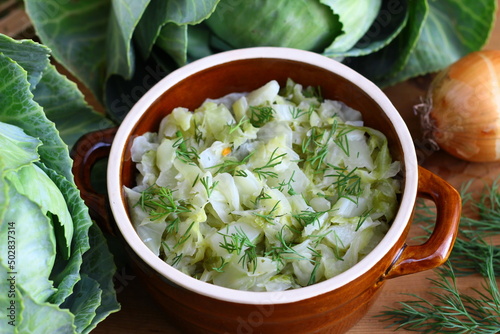 Stewed young cabbage sprinkled with chopped dill. Spring vegetable dishes. Vegetarian cooking