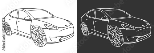 Line art illustration of modern sports car isolated on black and white for coloring book, tshirt business brochures 