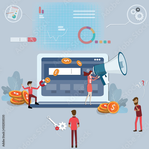 Flat design of business technology,Young person standing in front of the huge laptop and pull the money - vector