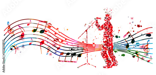 Man with microphone made of musical notes. Red musical notes singer performer with stave vector illustration design for live concert events, music festivals and standup shows posters, party flyers 