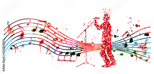 Man with microphone made of musical notes. Red musical notes singer performer with stave vector illustration design for live concert events, music festivals and standup shows posters, party flyers	