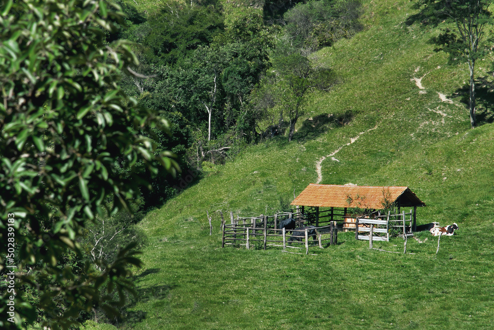 Obraz premium Linda vista de curral antigo em fazenda, com muita vegetação e montanhas ao redor, localizada na região rural do bairro Jardim das Oliveiras, município de Esmeraldas, Minas Gerais, Brasil.