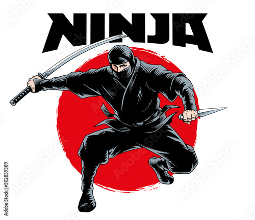 Photo Ninja warrior attacks with samurai sword katana isolated, comic book style vector illustration