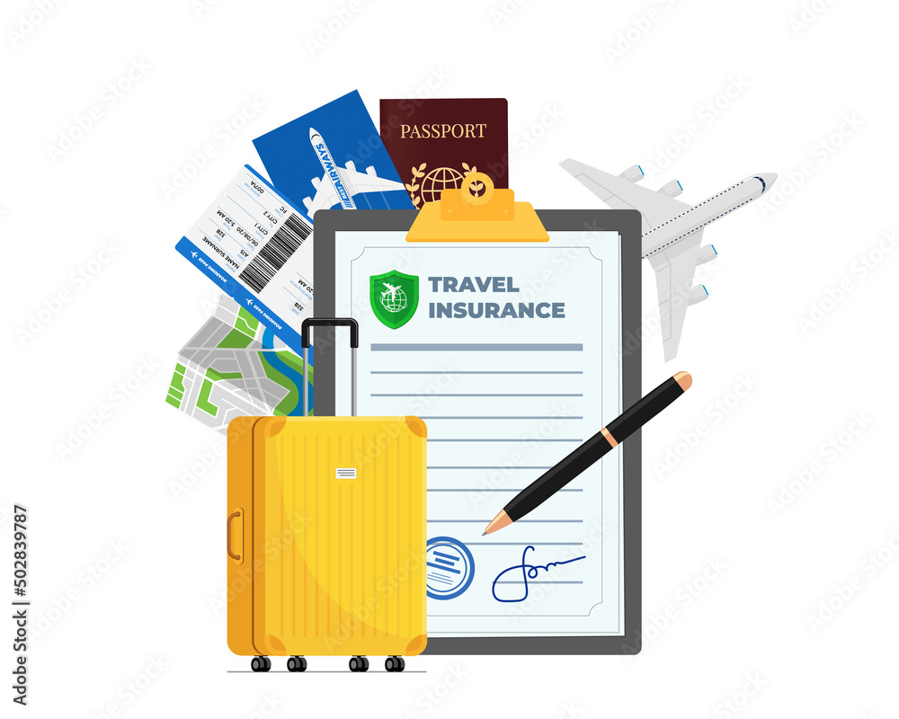 Travel insurance policy with passport, flight ticket, plane and yellow traveling suitcase. Safe plane trip and signed contract protection tourist life and property. Ready for safety aircraft journey - obrazy, fototapety, plakaty 