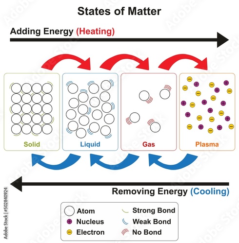 State of matter infographic diagram solid liquid gas plasma heating cooling adding removing energy element atom nucleus electron strong weak bond vector drawing illustration physics science education