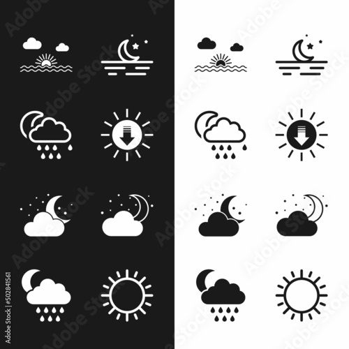 Set Sunset, Cloud with rain and moon, Moon stars, and icon. Vector