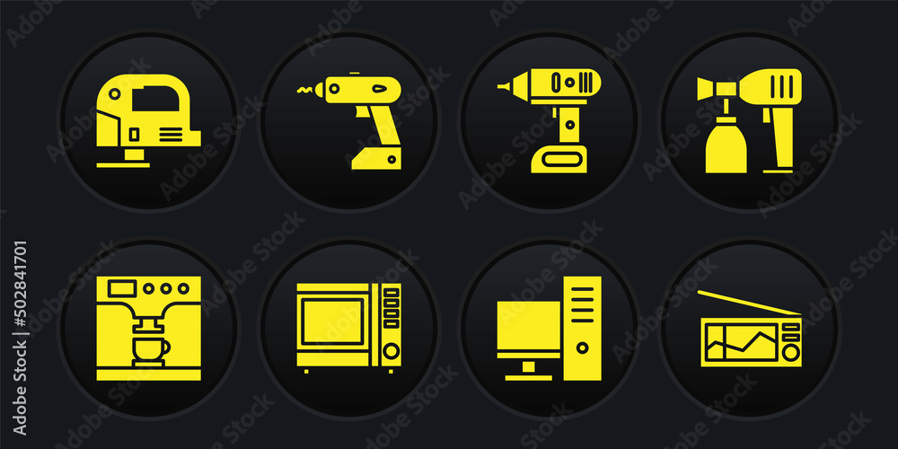 Set Coffee machine and cup, Paint spray gun, Microwave oven, Computer monitor, Electric cordless screwdriver and icon. Vector Set Coffee machine and cup, Paint spray gun, Microwave oven, Computer monitor, Electric cordless screwdriver and icon. Vector