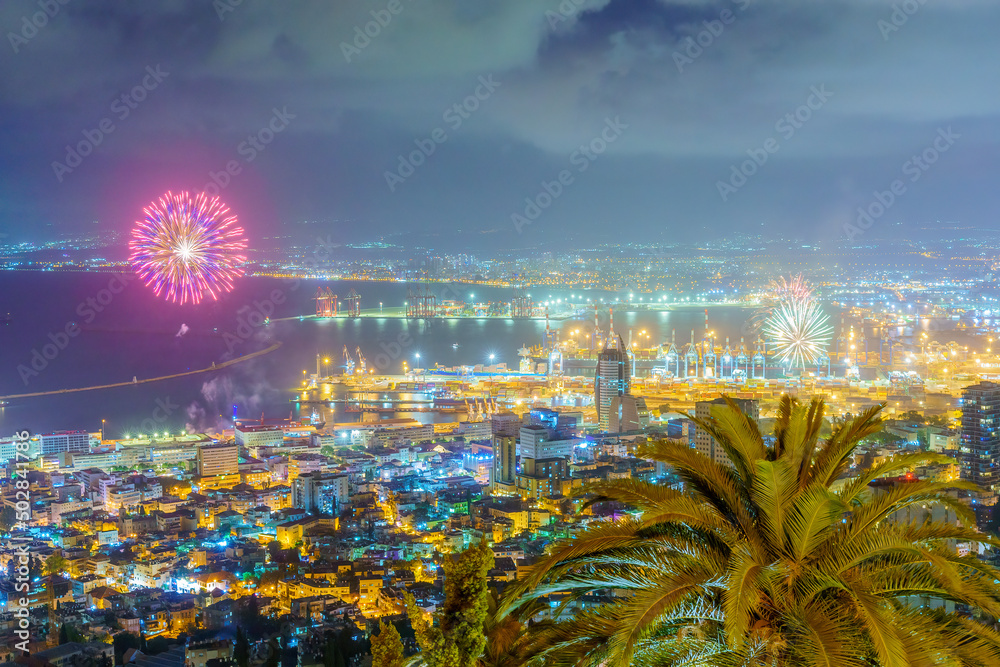 Independence Day fireworks, downtown and harbor, Haifa