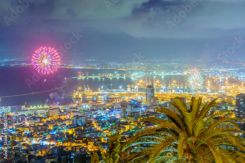 Independence Day fireworks, downtown and harbor, Haifa photo
