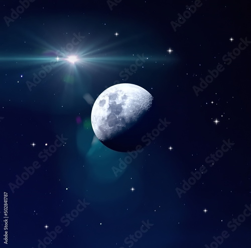   blue night  starry sky and big moon  starrs flare light  background