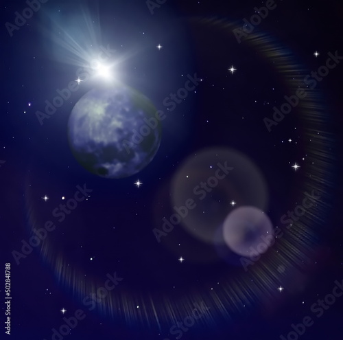 Fototapeta Naklejka Na Ścianę i Meble -    blue night  starry sky and big moon  starrs flare light  background