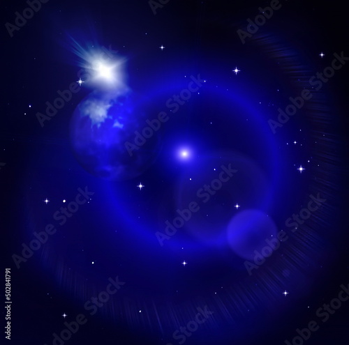   blue night  starry sky and big moon  starrs flare light  background