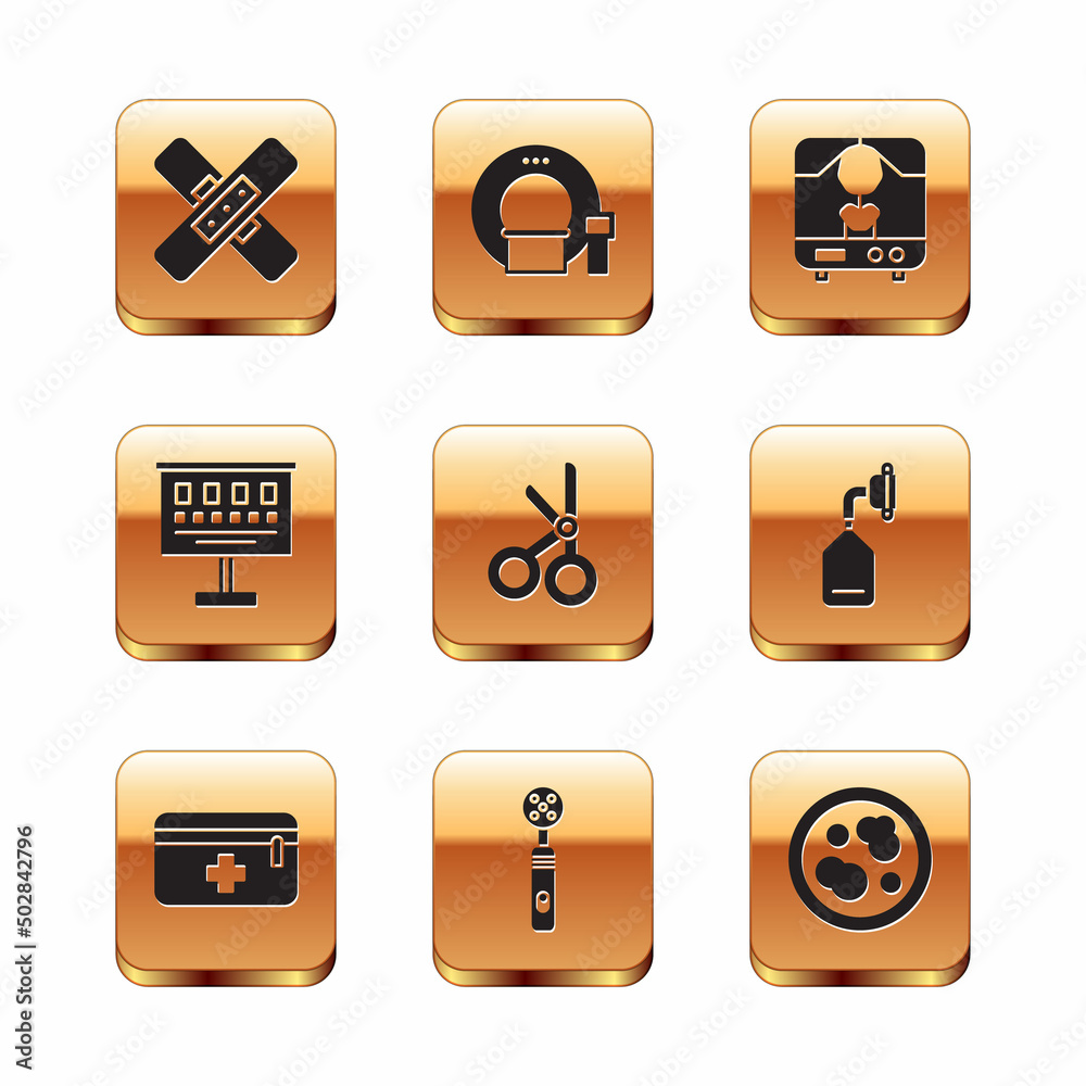 Set Crossed bandage plaster, First aid kit, Electric toothbrush, Medical scissors, Eye test chart, X-ray machine, Petri dish with bacteria and Tomography icon. Vector Set Crossed bandage plaster, First aid kit, Electric toothbrush, Medical scissors, Eye test chart, X-ray machine, Petri dish with bacteria and Tomography icon. Vector