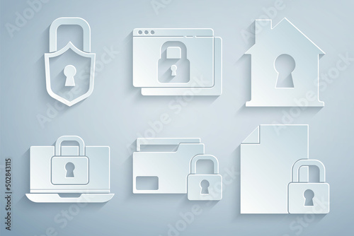 Set Folder and lock, House under protection, Laptop, Document, Secure your site with HTTPS, SSL and Lock icon. Vector