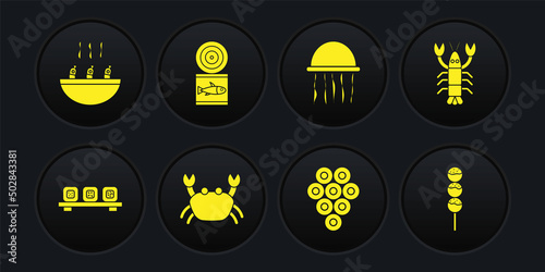 Set Sushi on cutting board, Lobster, Crab, Caviar, Jellyfish, Canned, Takoyaki stick and Soup with shrimps icon. Vector