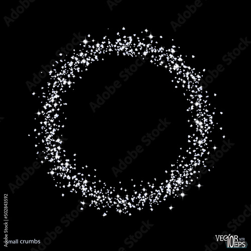 Silver round frame, sparkles. Shiny silverish circle crumbs. Glitter dust isolated on black. Jewelry confetti. Vector