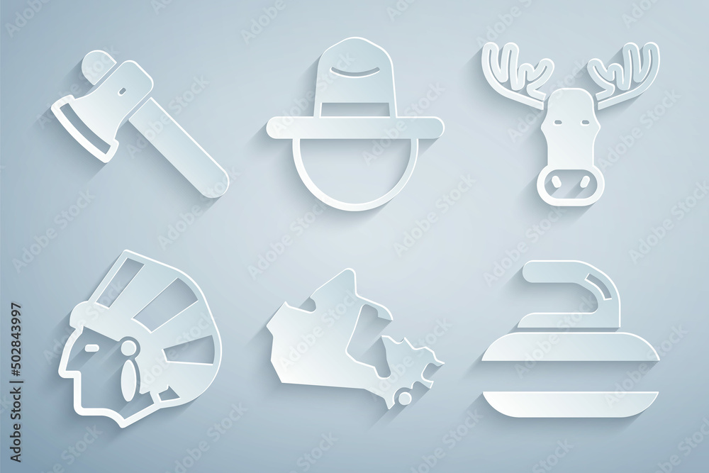 Set Canada map, Moose head with horns, Native American Indian, Stone for curling, Canadian ranger hat and Wooden axe icon. Vector Set Canada map, Moose head with horns, Native American Indian, Stone for curling, Canadian ranger hat and Wooden axe icon. Vector