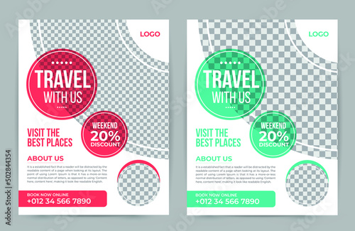 Vacation travelling pamphlet flyer design template. tourism, summer holidays, adventure tour marketing poster