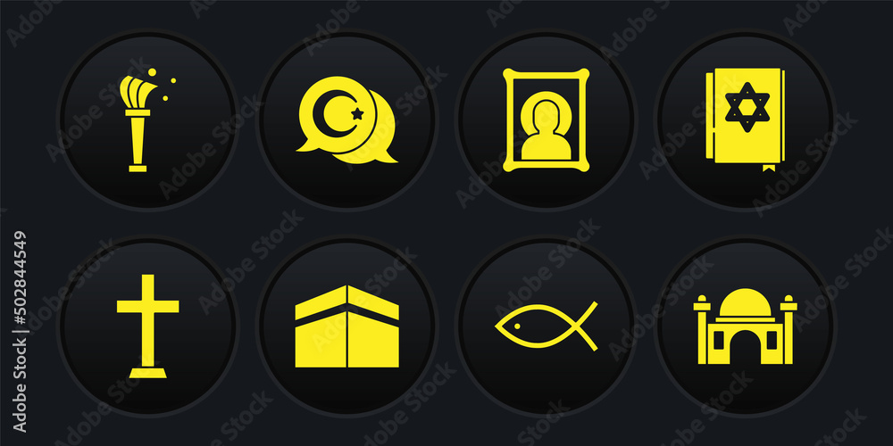 Set Christian cross, Jewish torah book, Kaaba mosque, fish, icon, Star and crescent, Muslim Mosque and Aspergillum icon. Vector Set Christian cross, Jewish torah book, Kaaba mosque, fish, icon, Star and crescent, Muslim Mosque and Aspergillum icon. Vector