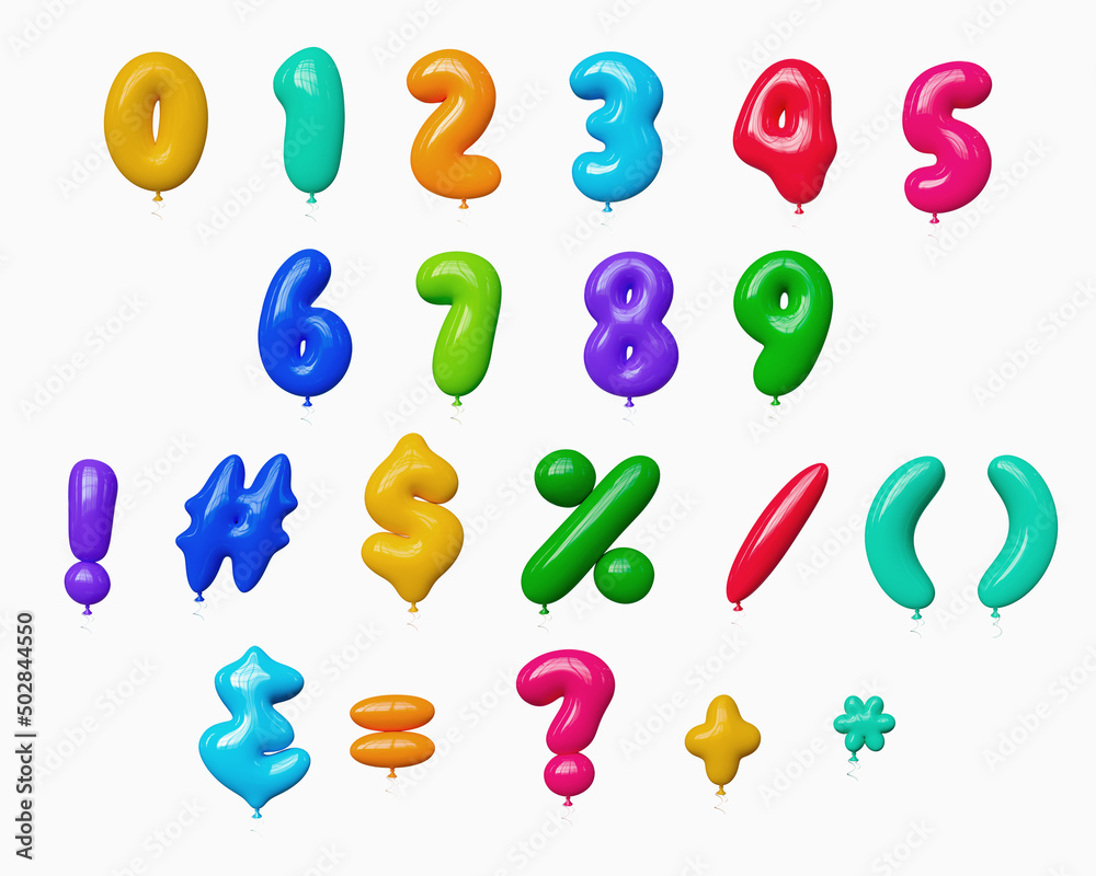 Colorful inflatable balloons numbers and symbols. 3D render. Colorful inflatable balloons numbers and symbols. 3D render.