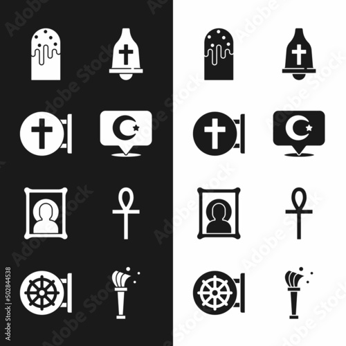 Set Star and crescent, Christian cross, Easter cake, Church bell, icon, Cross ankh, Aspergillum and Dharma wheel icon. Vector