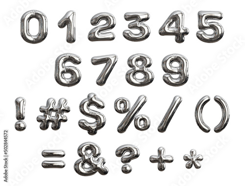 Silver inflatable balloons numbers and symbols. 3D render.