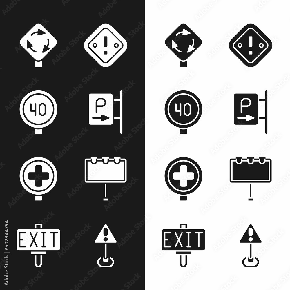Set Parking, Speed limit traffic, Roundabout sign, Exclamation mark triangle, Hospital road, Billboard with lights, and Fire exit icon. Vector Set Parking, Speed limit traffic, Roundabout sign, Exclamation mark triangle, Hospital road, Billboard with lights, and Fire exit icon. Vector