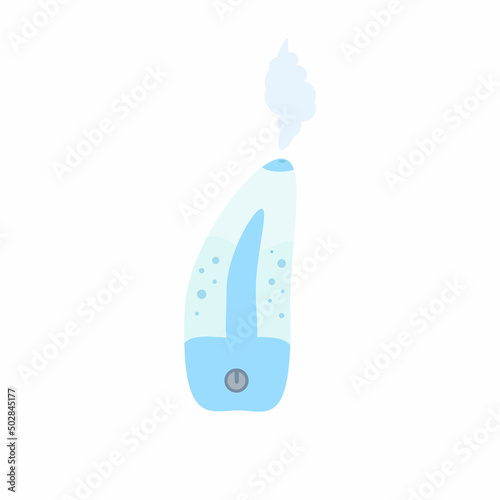 Working blue air humidifier with a cloud of steam